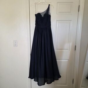 One-Shoulder Navy Evening Gown with Beaded Bodice